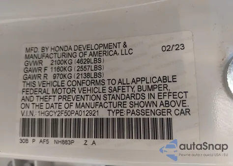 2023 Honda Accord Hybrid Sport z USA, uszkodzony, nr VIN 1HGCY2F50PA012921